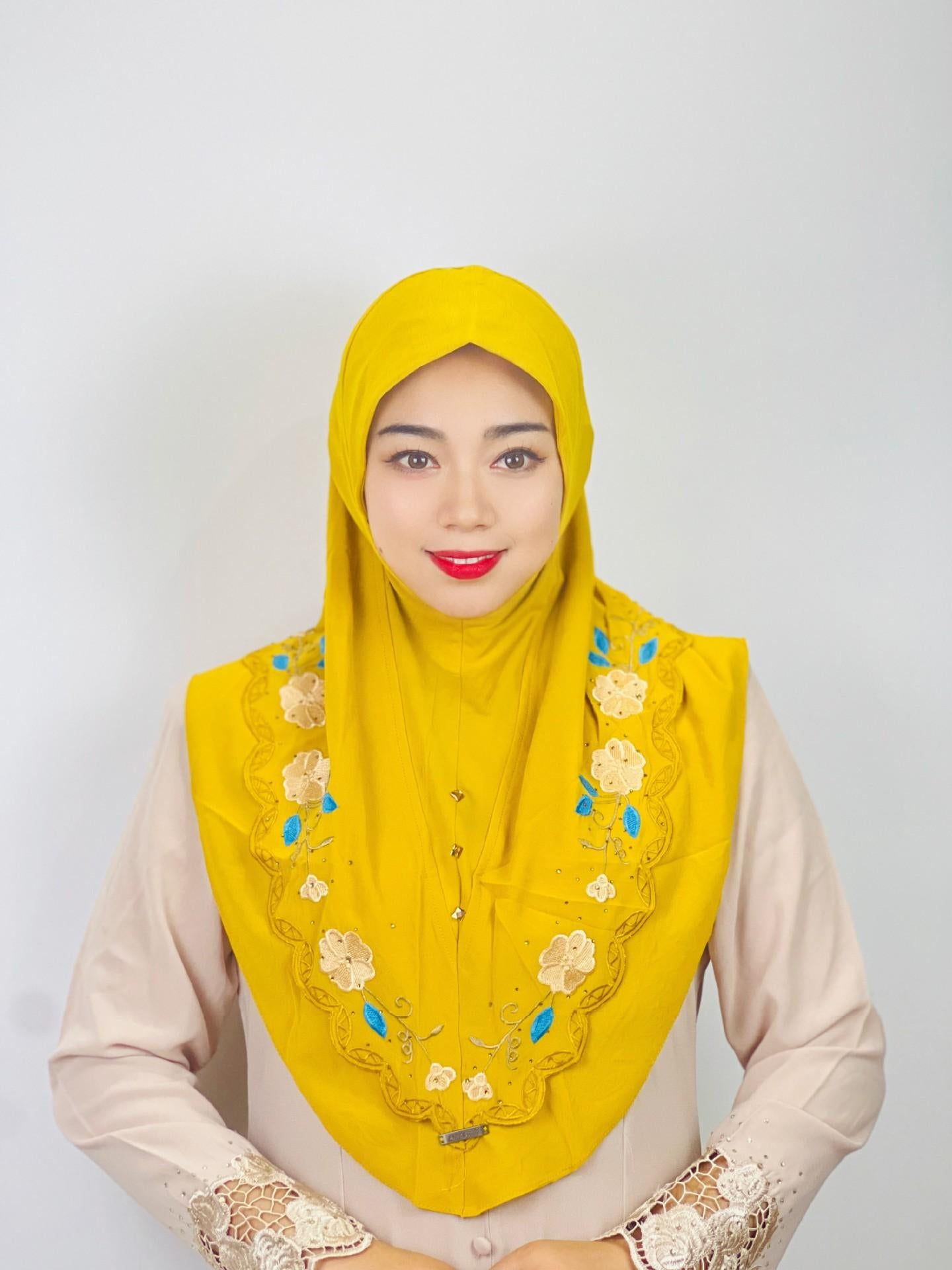 HASASERIES HS1105 Double Layered Floral Embroidered Lace Headscarf for Women
