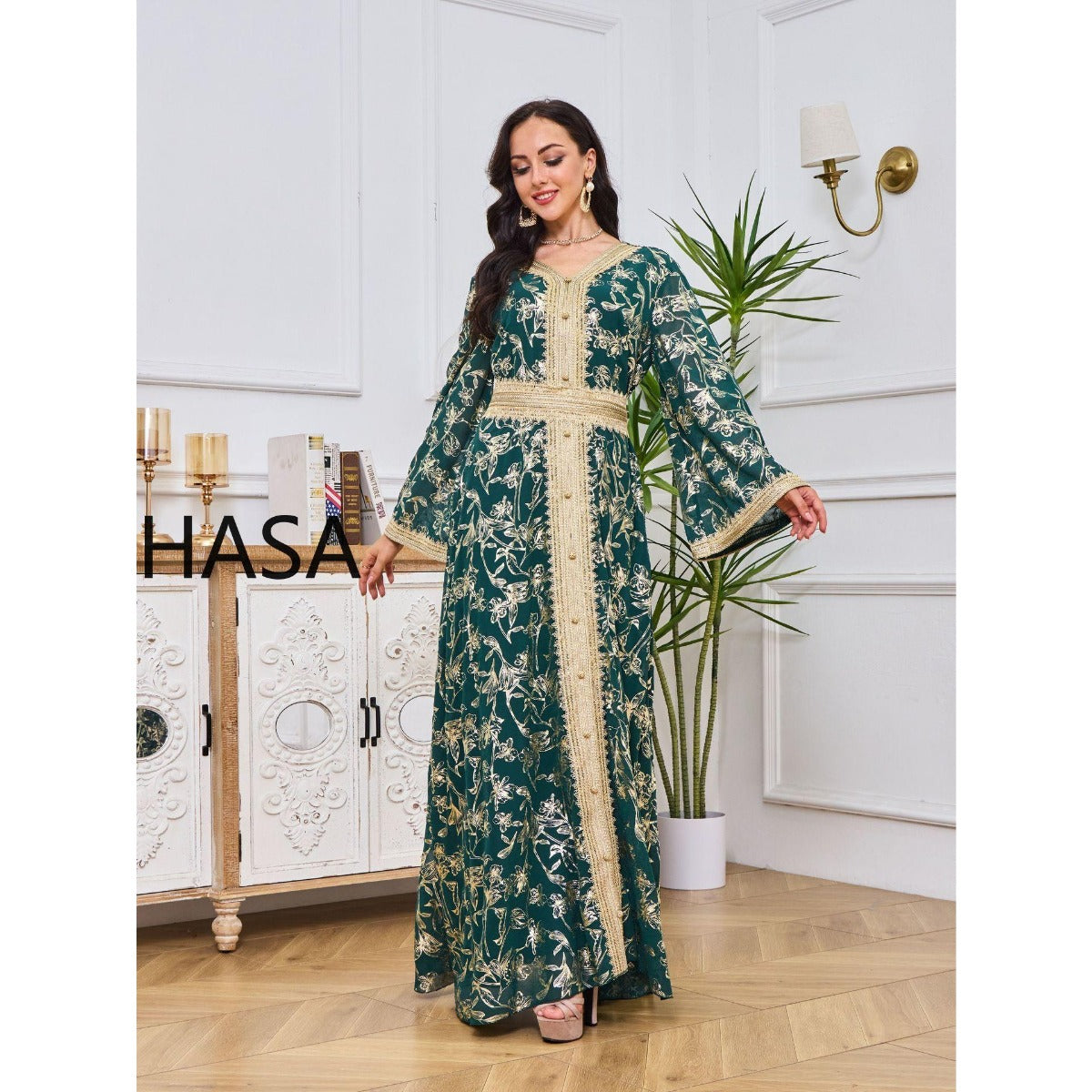 HS1249 Elegant Floral Abaya with Golden Detailing
