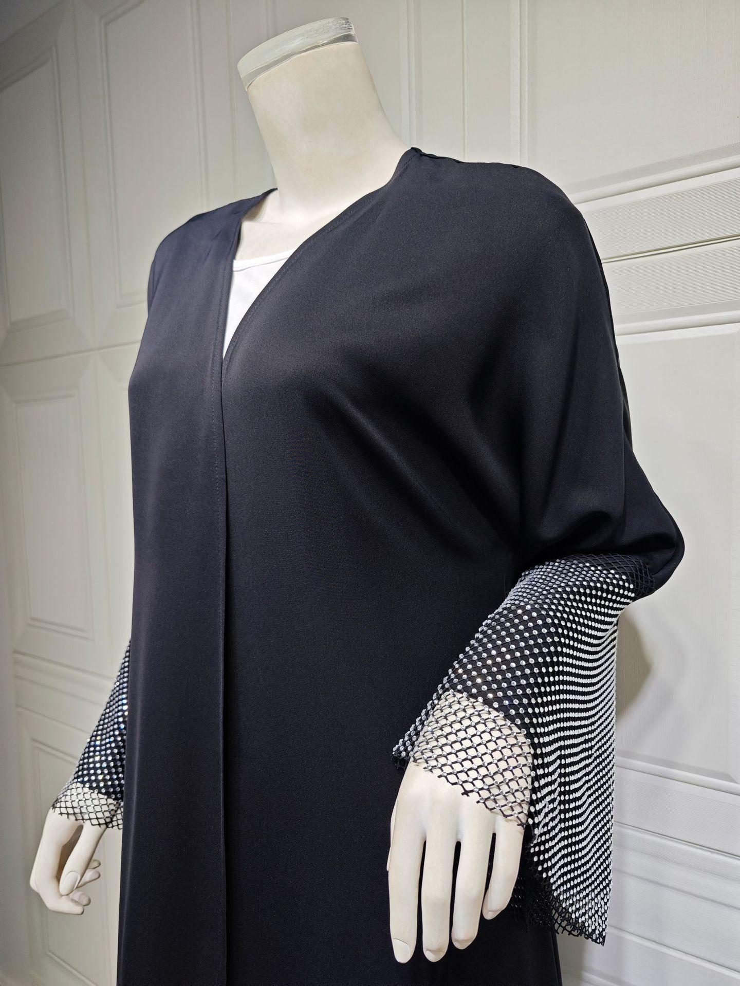 HASASERIES HS0930 Abaya Muslim Elastic Diamond Mesh Robe