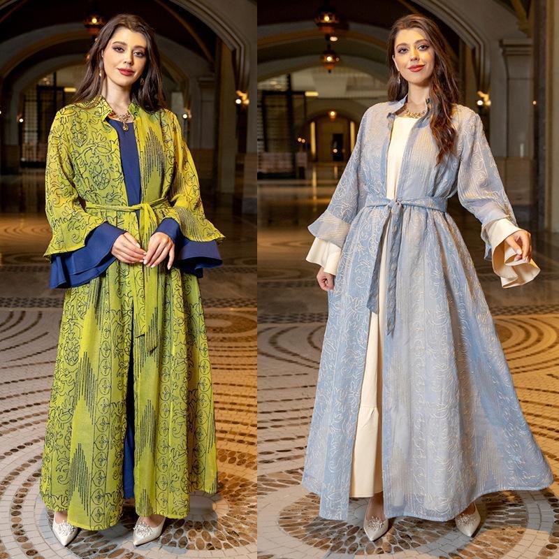 HS0445 2 pièces costume moyen-orient robe de soirée transfrontalière dame musulmane manches en feuille de lotus nouvelle robe abaya robe