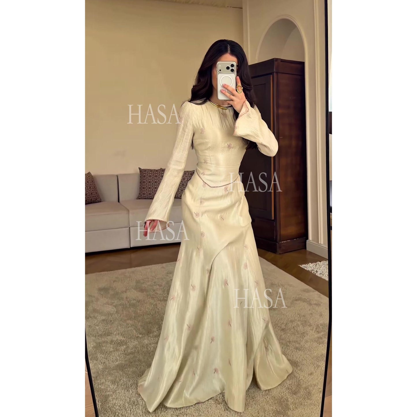 HS6745 Chic Cream Embroidered Long Dress Flare Sleeve Mermaid Maxi Gown