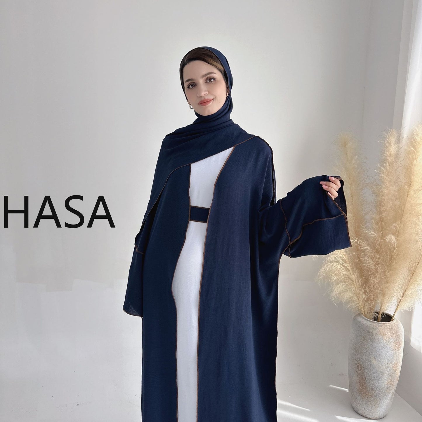 HASA HS1246H 2 PCS SET Crepe Solid Color Loose Hem Cardigan Robe with Hijab