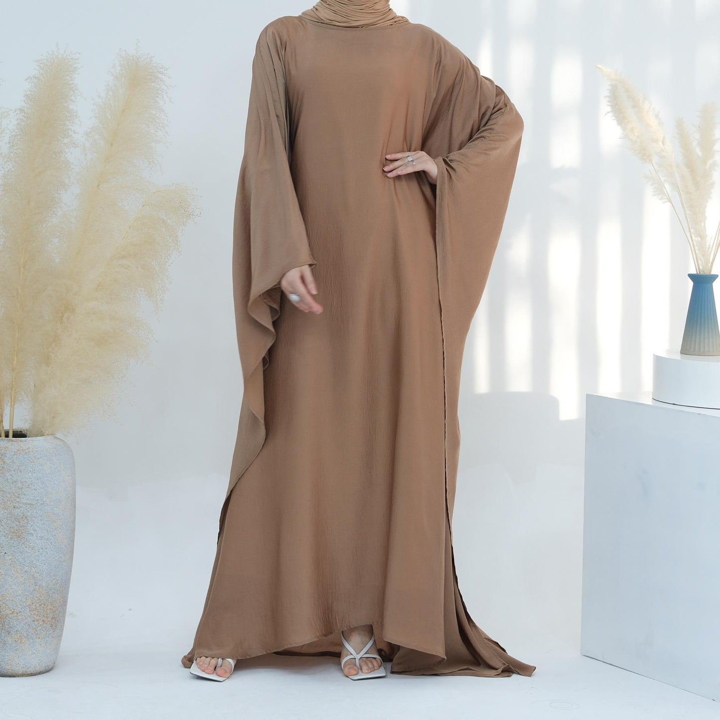 HASASERIES HS1174 Waist Raging Bat Sleeves Dress Crepe Kaftan