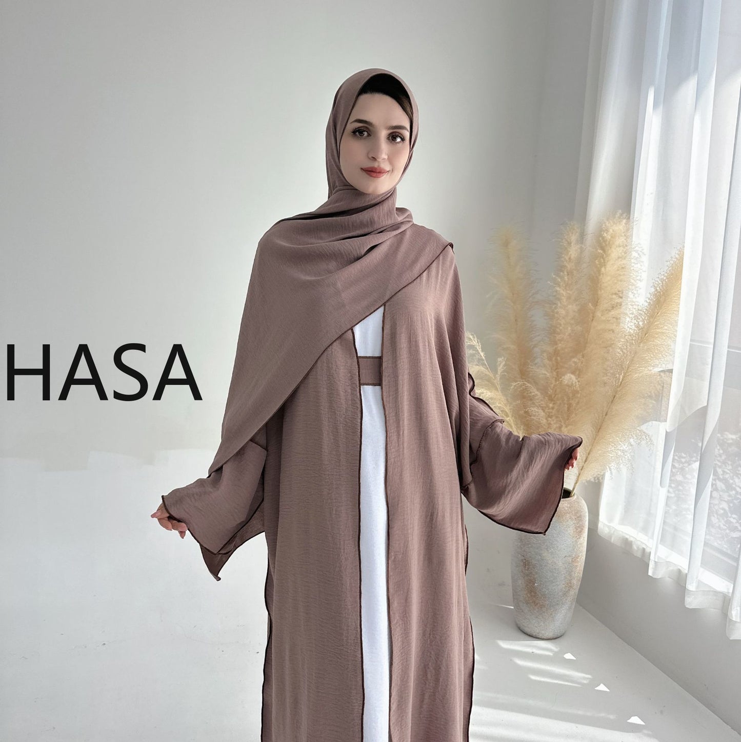 HASA HS1246H 2 PCS SET Crepe Solid Color Loose Hem Cardigan Robe with Hijab