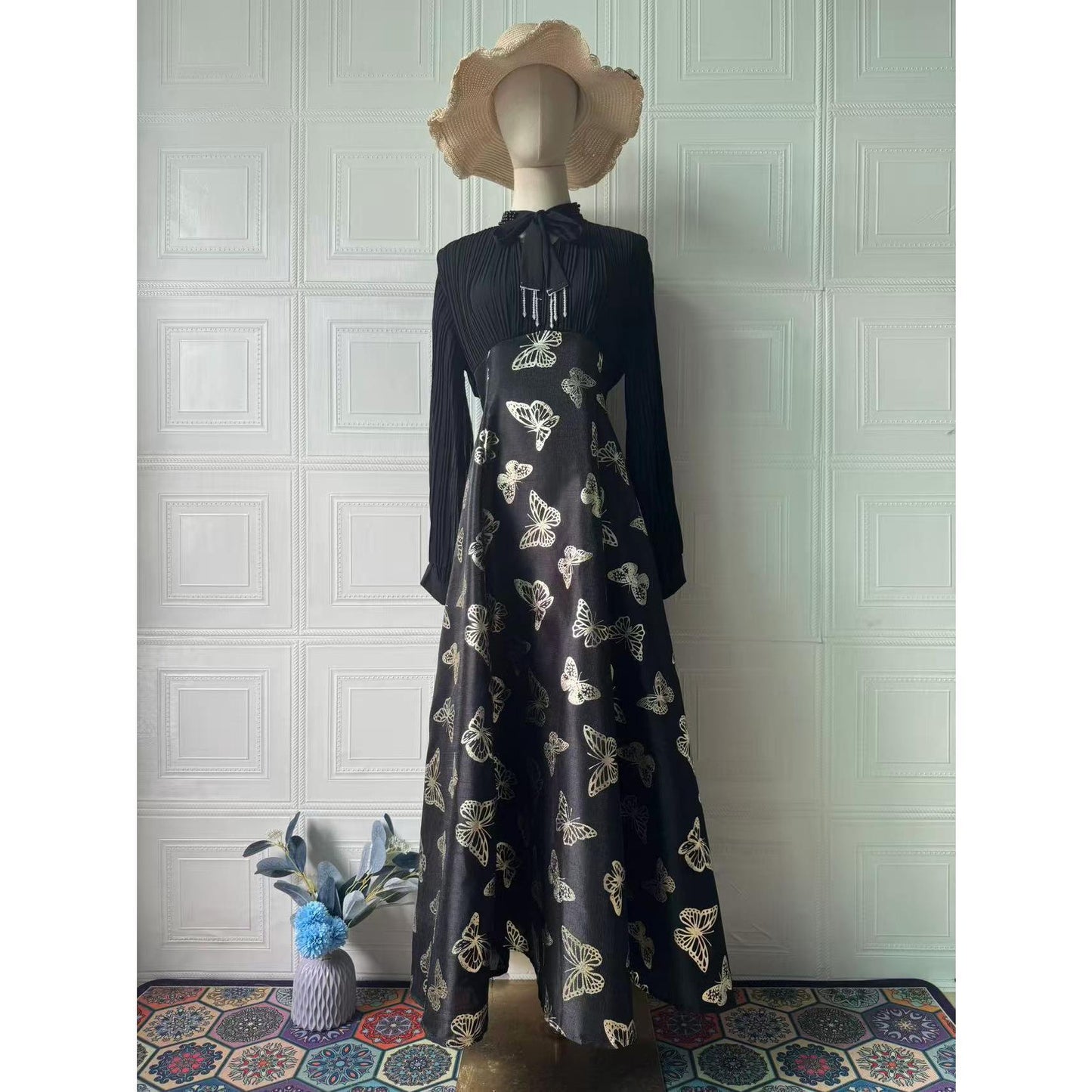 HS6734 Flowy Feminine Maxi Dress with Embroidered Butterfly Design