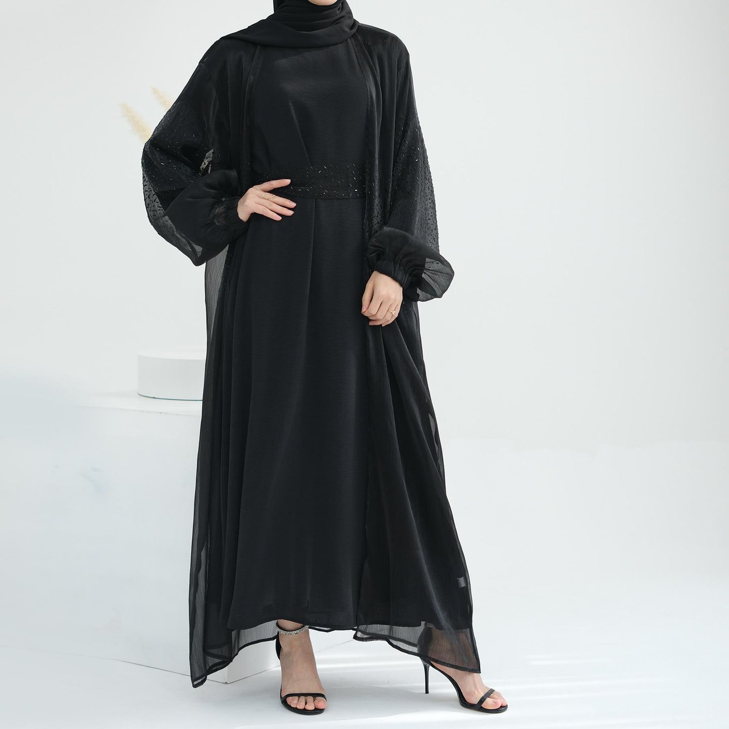 HASASERIES HS0932 3 Pcs Set Cardigan+Inner Dress+Hijab