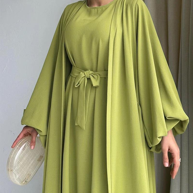 HS0479 Two Pieces Set Nidha Open Abaya with Bubble Sleeves and Inner Dress