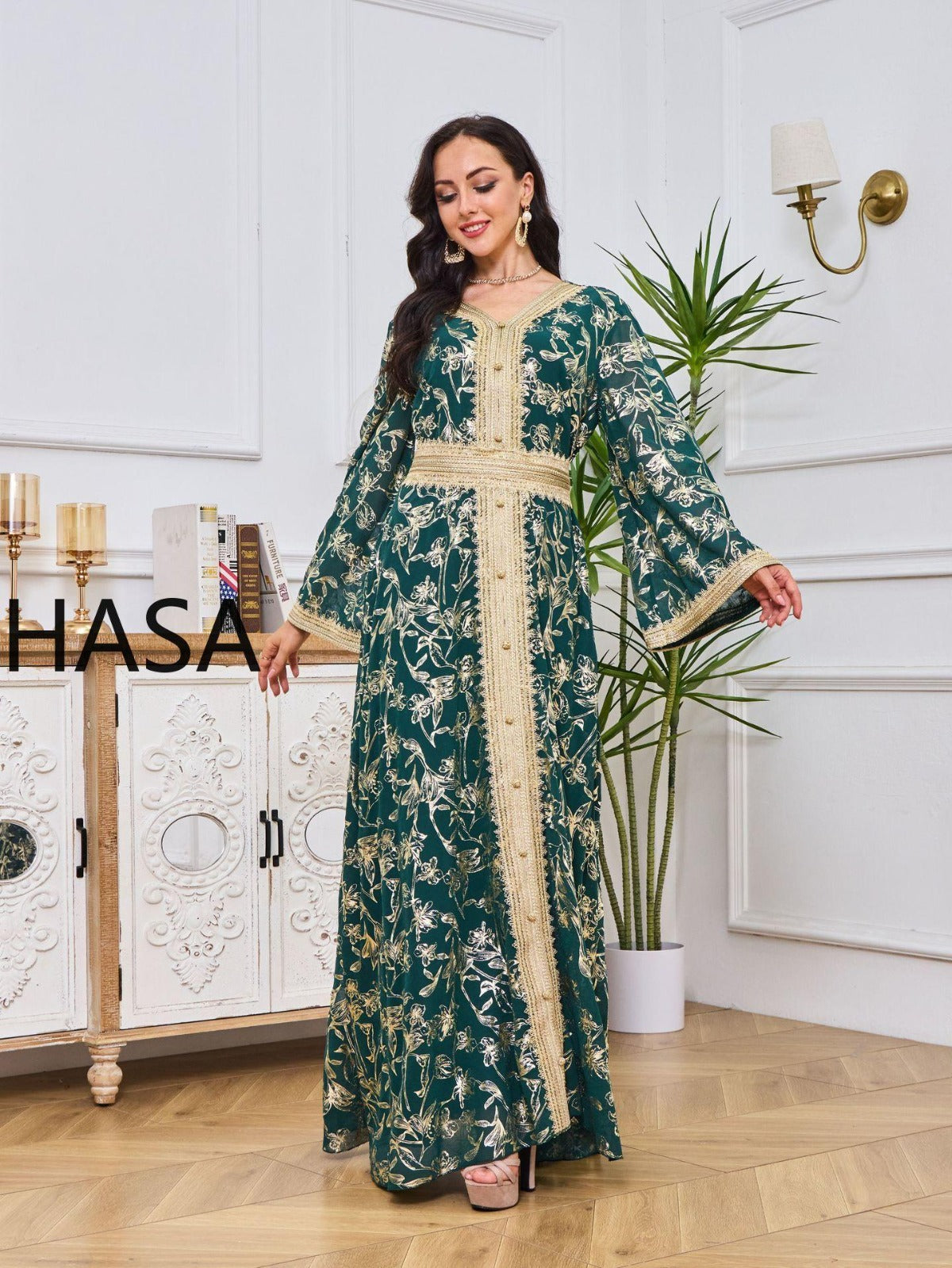 HS1249 Elegant Floral Abaya with Golden Detailing