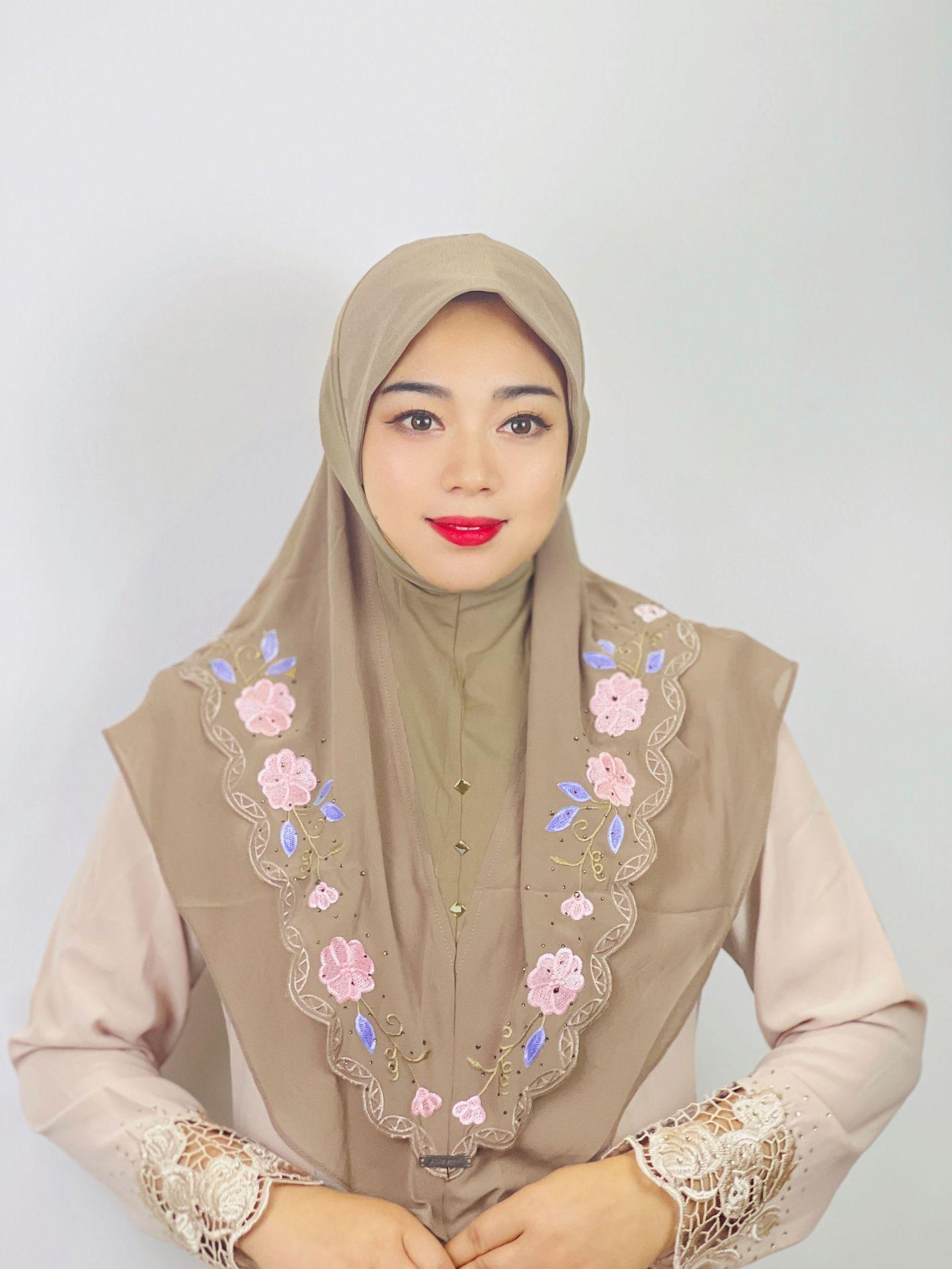 HASASERIES HS1105 Double Layered Floral Embroidered Lace Headscarf for Women