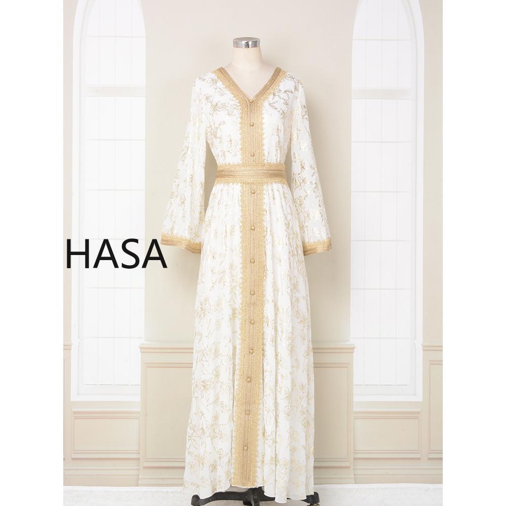 HS1249 Elegant Floral Abaya with Golden Detailing