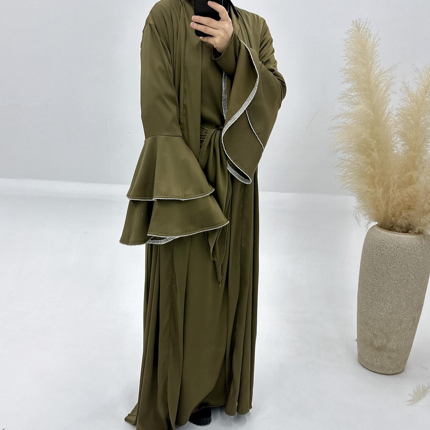 HASASERIES HS1188 Ensemble 3 pièces, cardigan en satin + robe intérieure + ceinture spéciale