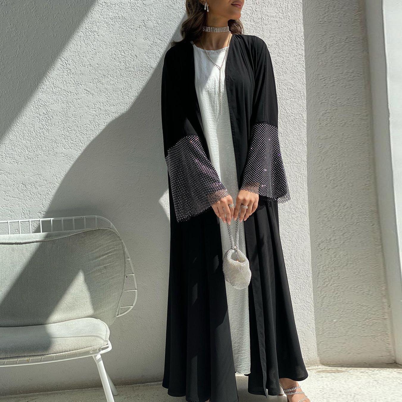HASASERIES HS0930 Abaya Muslim Elastic Diamond Mesh Robe