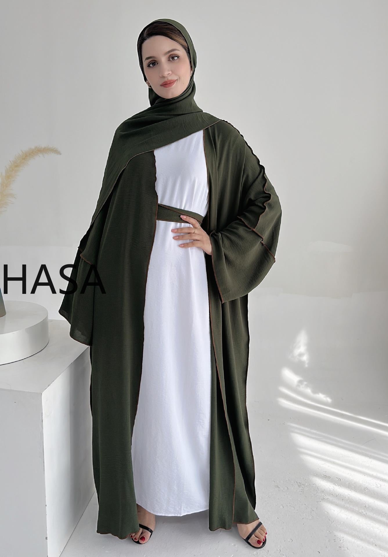 HASA HS1246H 2 PCS SET Crepe Solid Color Loose Hem Cardigan Robe with Hijab