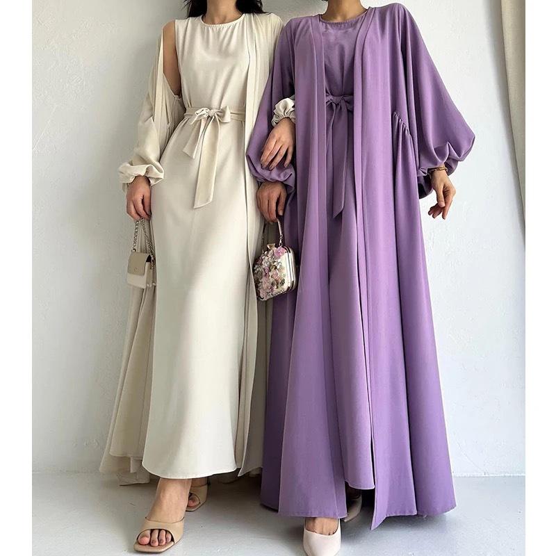 HS0479 Two Pieces Set Nidha Open Abaya with Bubble Sleeves and Inner Dress
