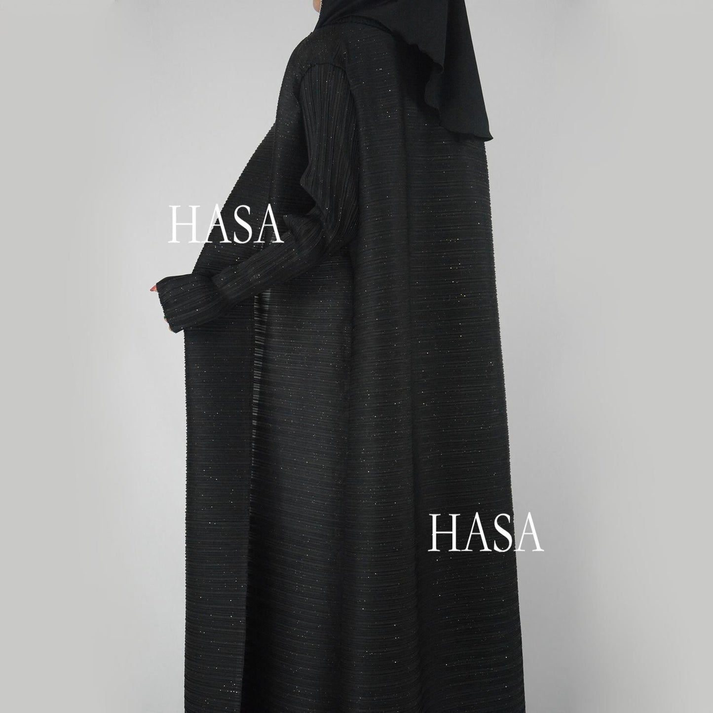 HS6158 Solid Long Sleeve Pleated Abaya with Artisan Sequin Work
