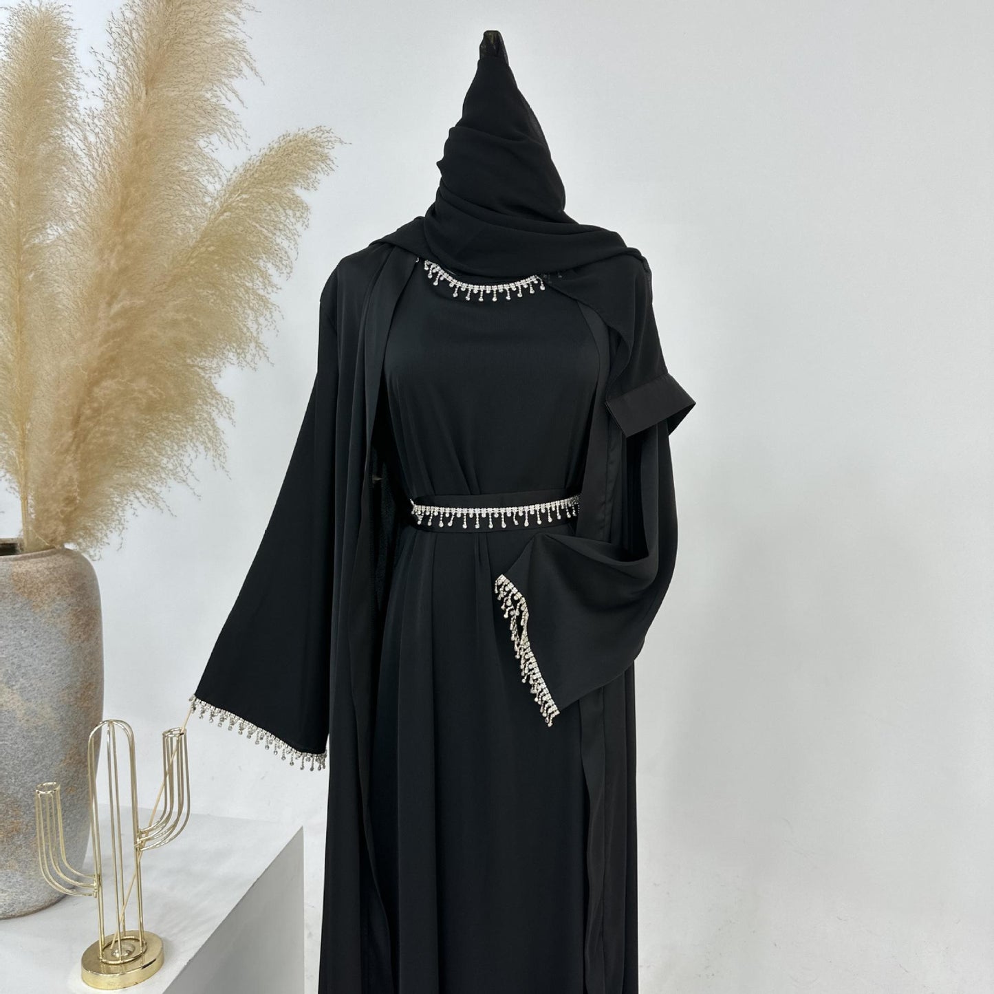 HASASERIES HS1005 4pcs Set Cardigan+without Sleeves Inner Dress+Crystal Chain+Hijab
