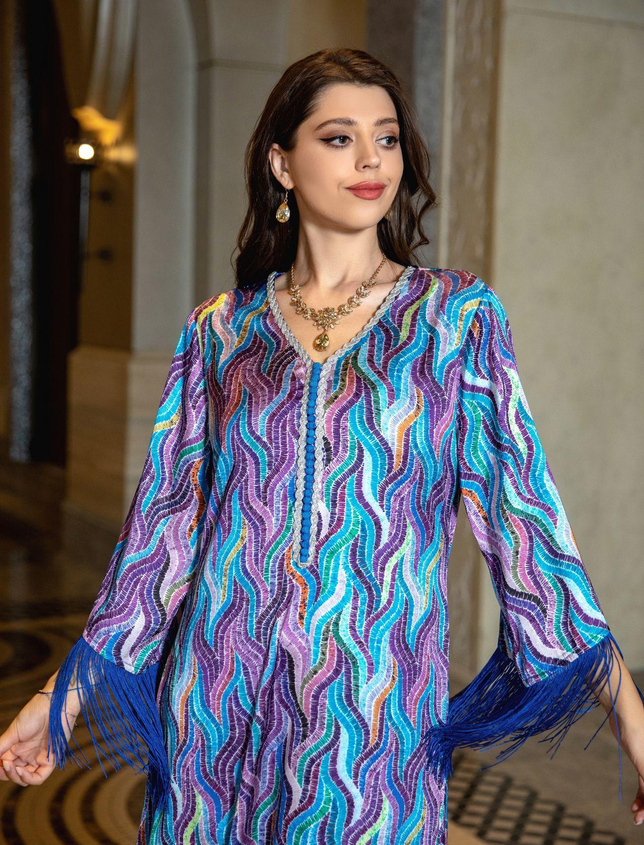 HASASERIES HS0521 Middle East Arab Dubai Muslim Robe Ladies Printed Casual Jalabiya Ethnic Clothing