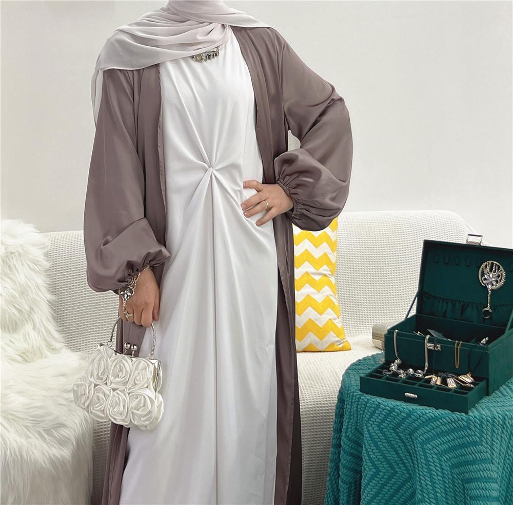 HS0481 Solid Color Satin Coat Robe Open Abaya