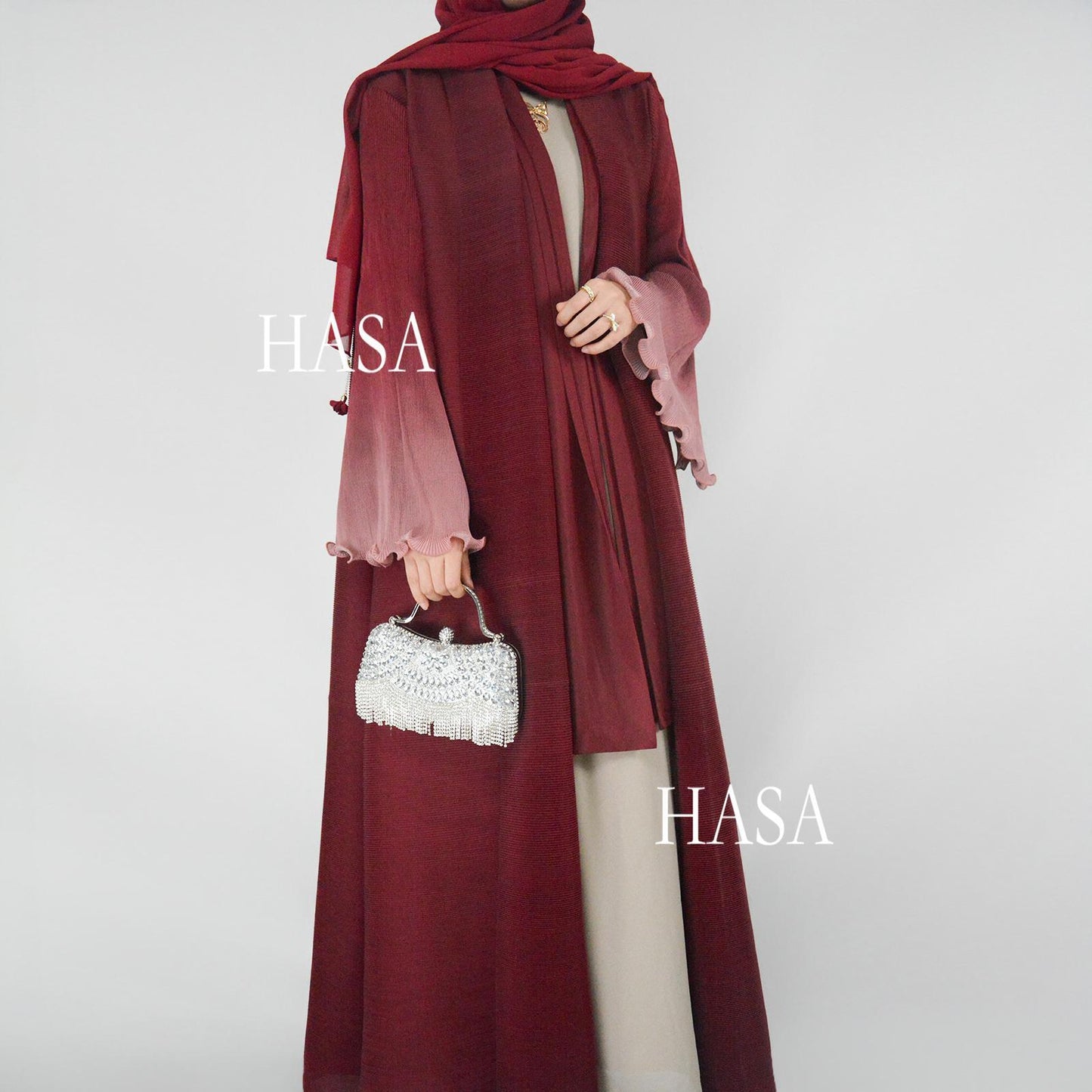 HASA's series HS6360 Summer Ombré Gradient Abaya with Pleats and Fluted Bell Cuffs