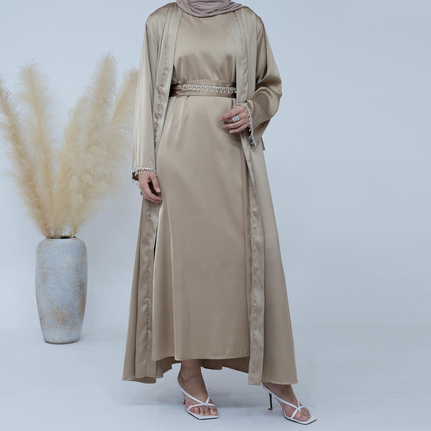 HASASERIES HS1005 4pcs Set Cardigan+without Sleeves Inner Dress+Crystal Chain+Hijab
