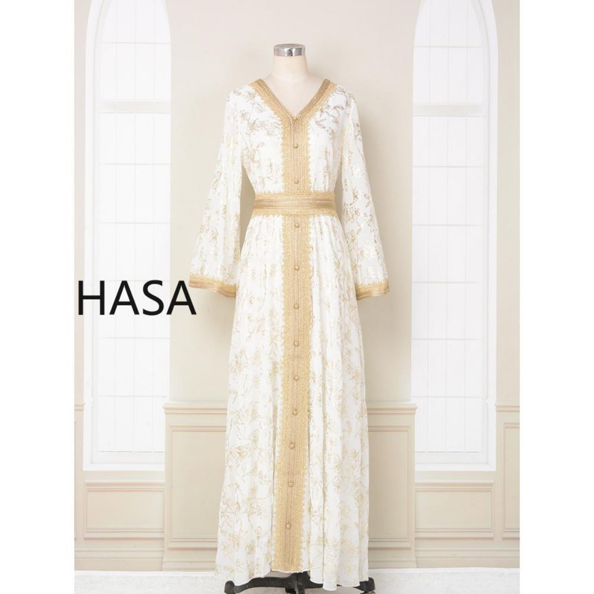 HS1249 Elegant Floral Abaya with Golden Detailing