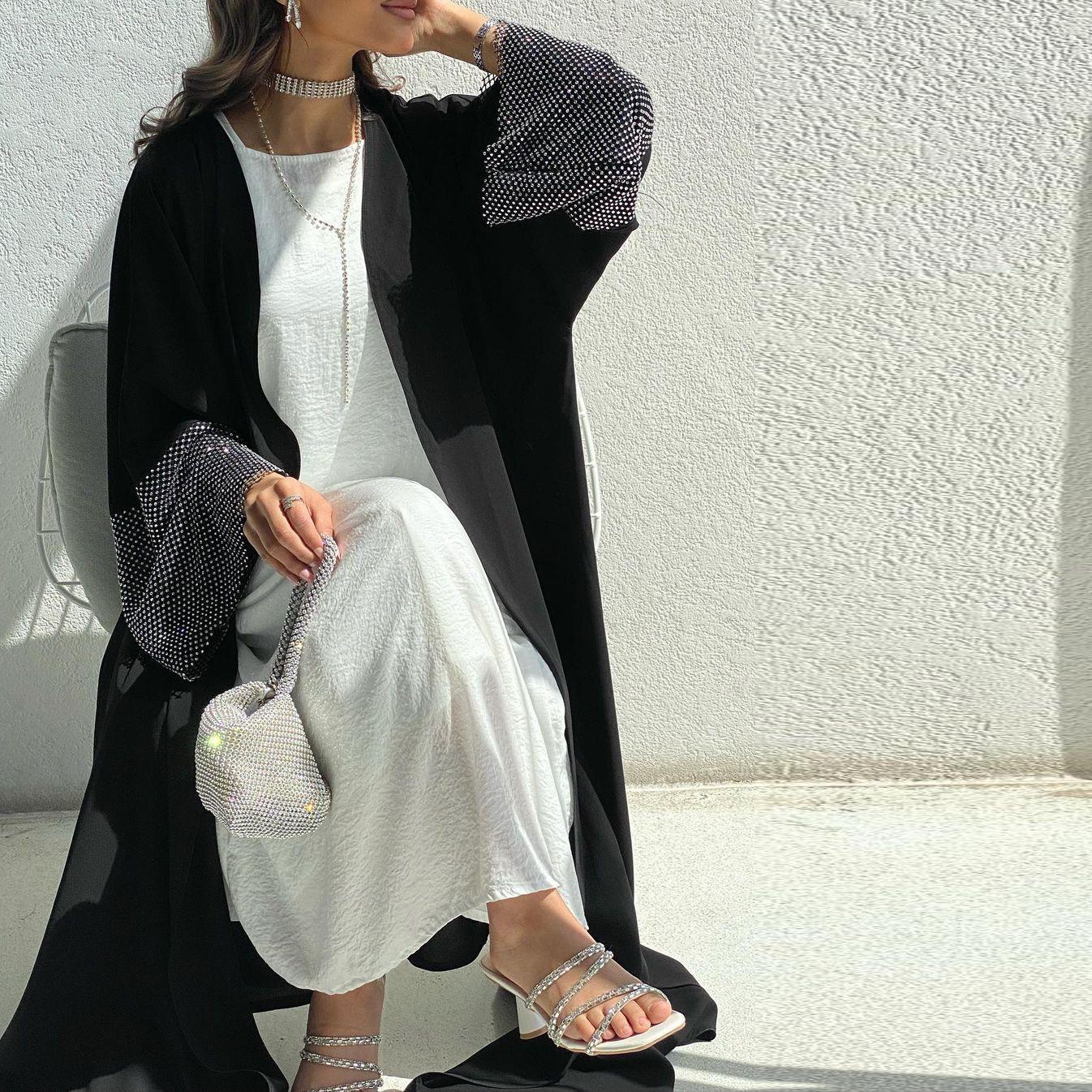 HASASERIES HS0930 Abaya Muslim Elastic Diamond Mesh Robe