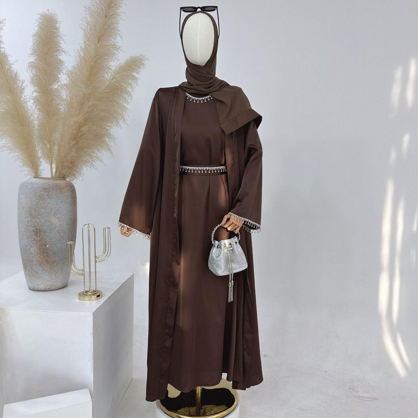 HASASERIES HS1005 4pcs Set Cardigan+without Sleeves Inner Dress+Crystal Chain+Hijab