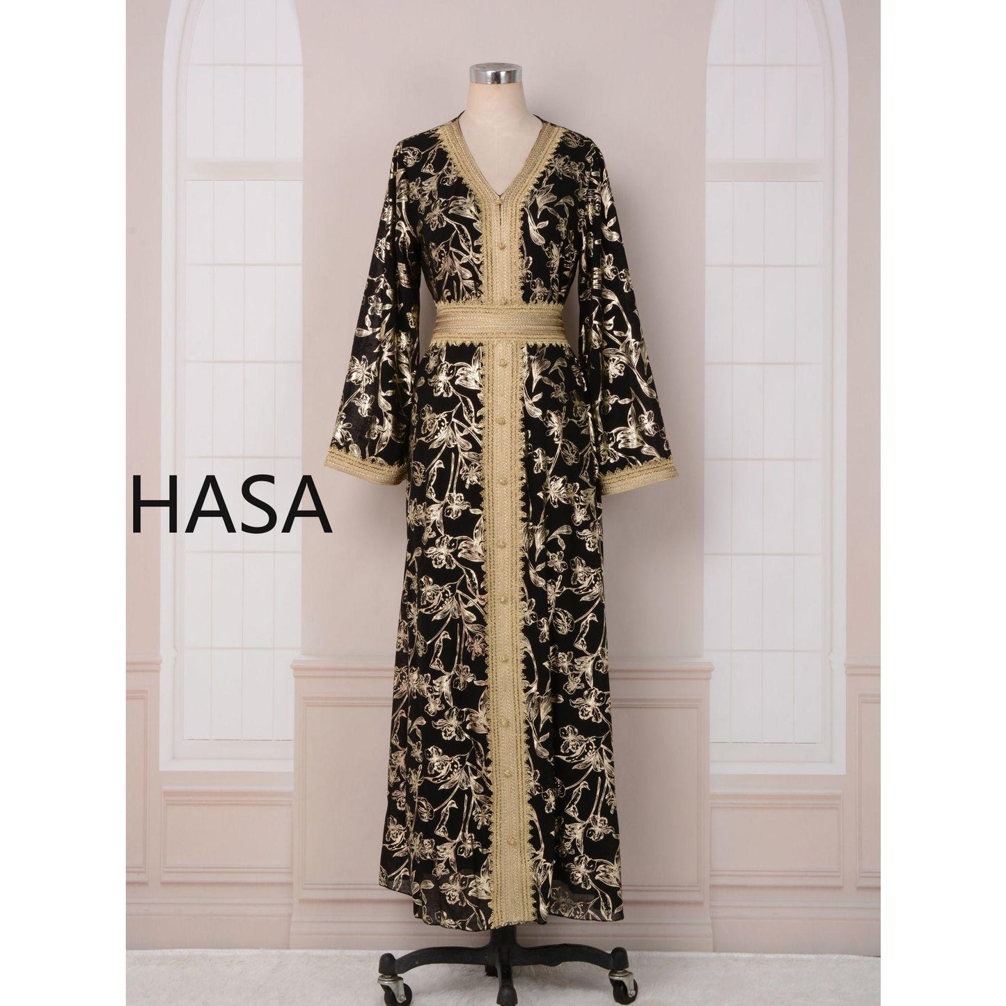 HS1249 Elegant Floral Abaya with Golden Detailing