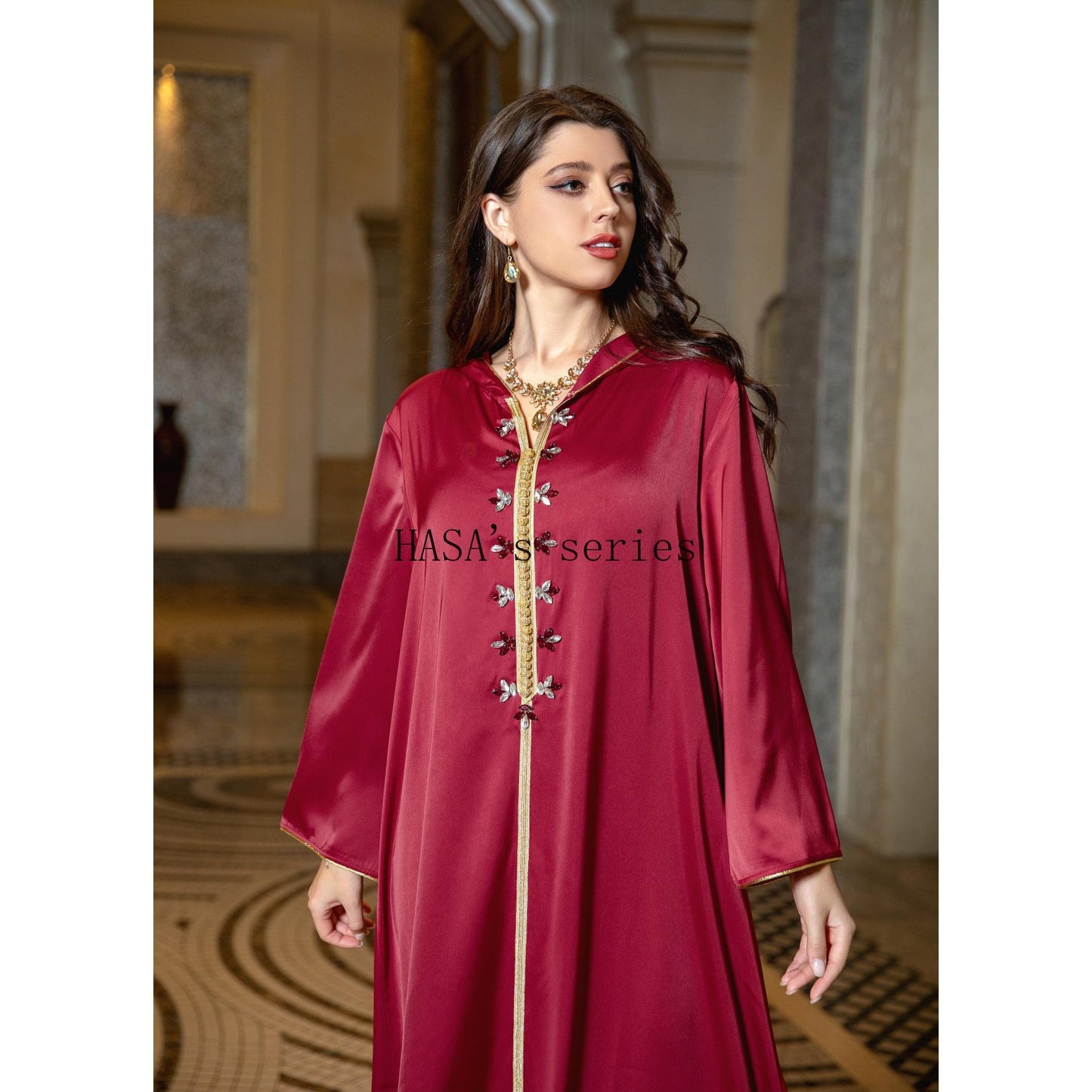 HASA's Series HS1231 Jeweled Ribbon Satin Home Dress Abaya