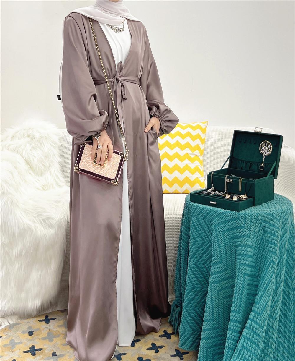 HS0481 Solid Color Satin Coat Robe Open Abaya