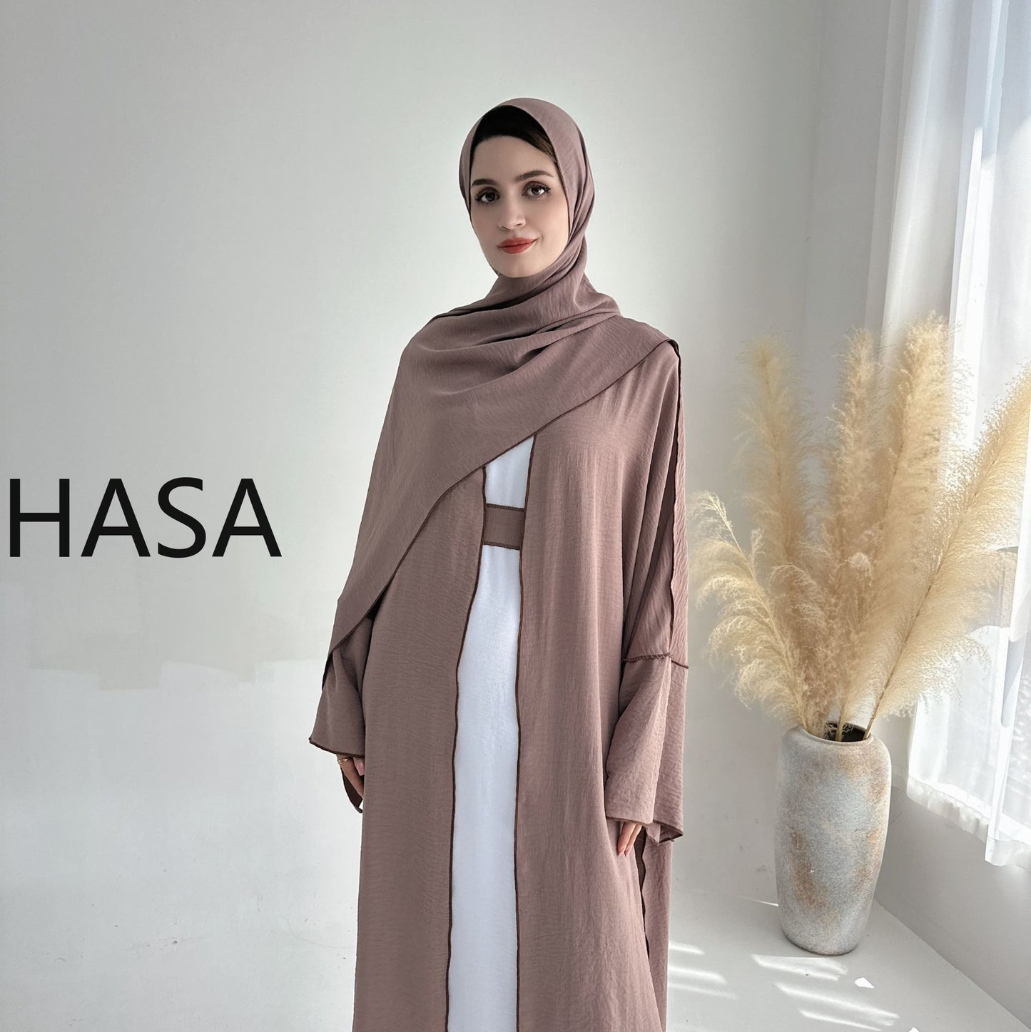 HASA HS1246H 2 PCS SET Crepe Solid Color Loose Hem Cardigan Robe with Hijab