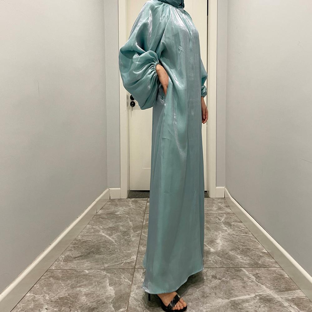 فستان حريري لامع طويل بأكمام واسعة من سلسلة HS10043 HASA، بياقة واقفة وربطة ظهر، فستان نسائي عباية