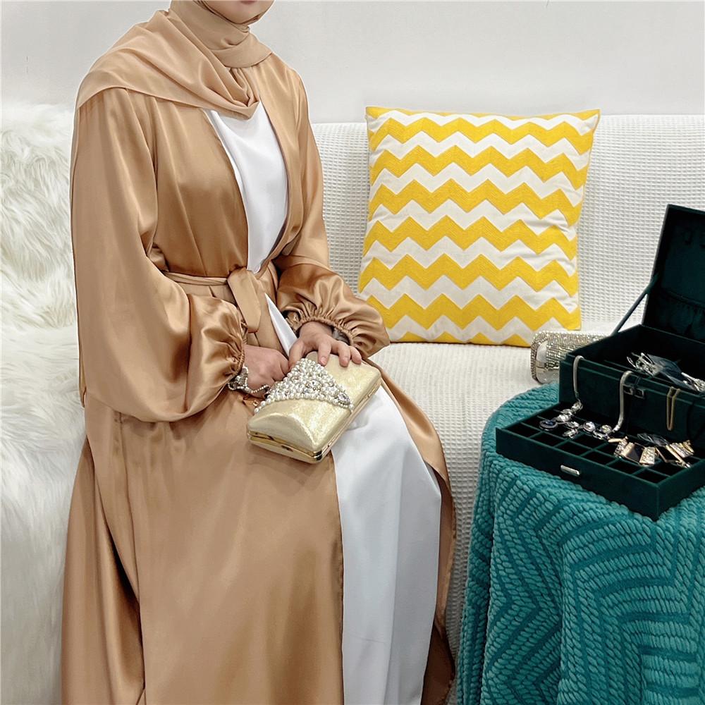 HS0481 Solid Color Satin Coat Robe Open Abaya