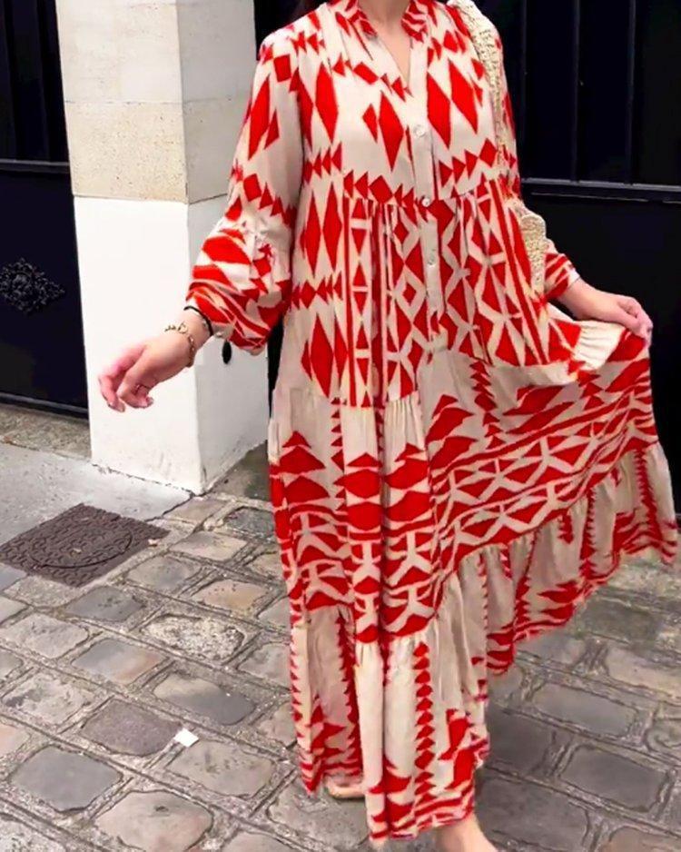 HS0469 Ladies Elegant Printed Shirt Skirt Bohemian Dress
