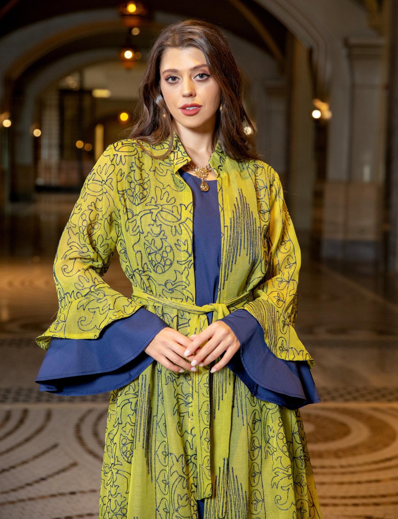 HS0445 2 pièces costume moyen-orient robe de soirée transfrontalière dame musulmane manches en feuille de lotus nouvelle robe abaya robe