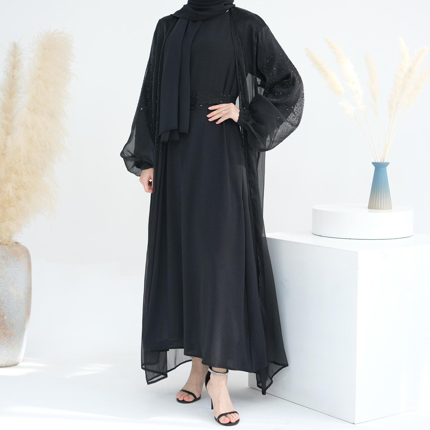 HASASERIES HS0932 3 Pcs Set Cardigan+Inner Dress+Hijab