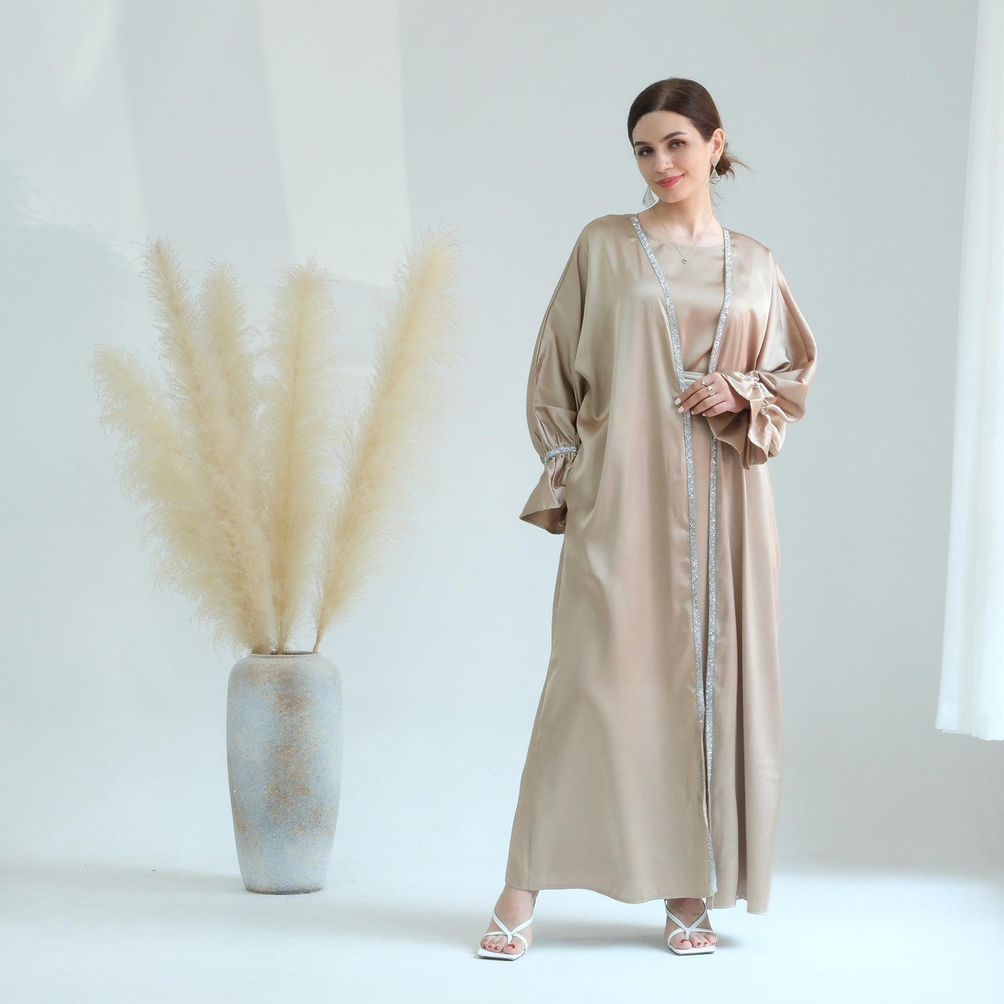 HASASERIES HS0567 Beaded Trumpet Sleeve Robe and Sleeveless Skirt with Inside Two-piece Suit