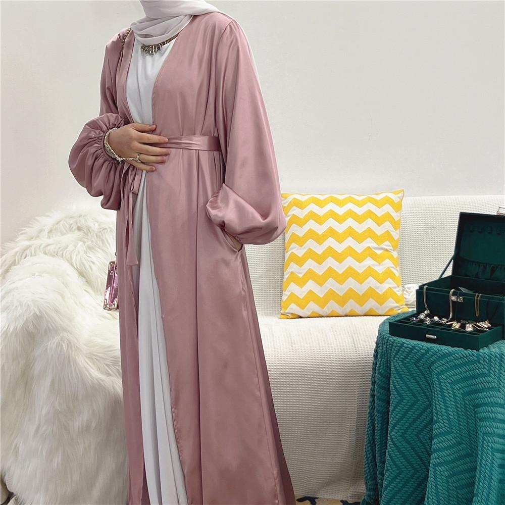 HS0481 Solid Color Satin Coat Robe Open Abaya