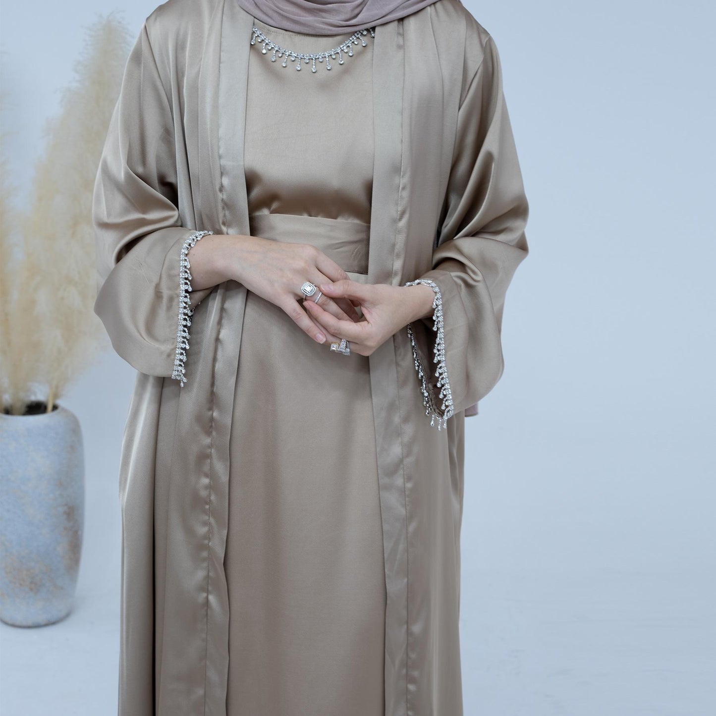 HASASERIES HS1005 4pcs Set Cardigan+without Sleeves Inner Dress+Crystal Chain+Hijab