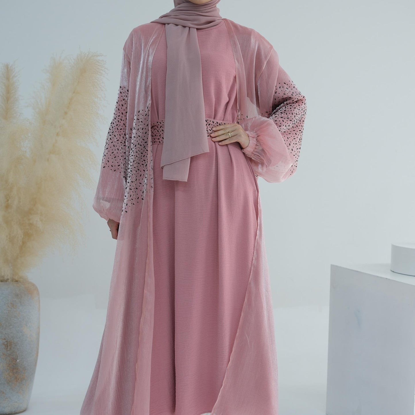 HASASERIES HS0932 3 Pcs Set Cardigan+Inner Dress+Hijab