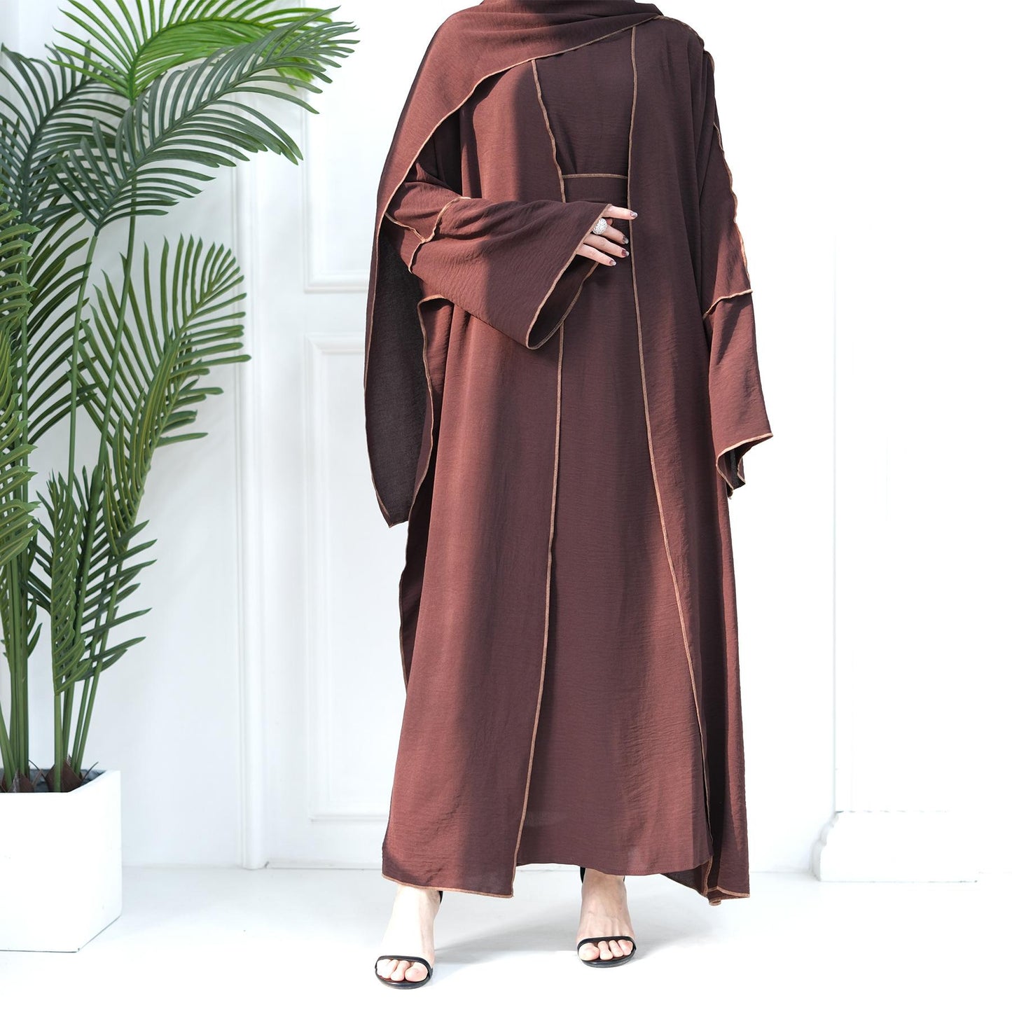 HASASERIES HS1095 3pcs Set Cardigan+without Sleeves Inner Dress+Hijab