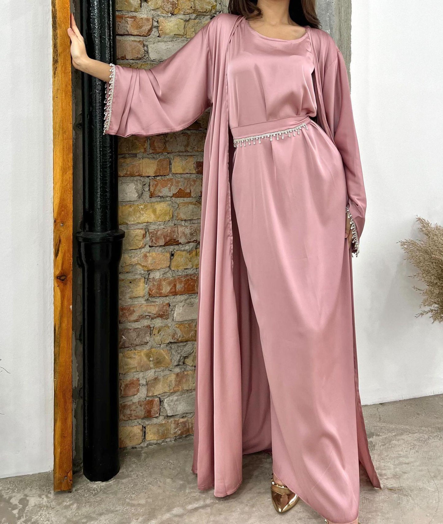 HASASERIES HS1005 4pcs Set Cardigan+without Sleeves Inner Dress+Crystal Chain+Hijab