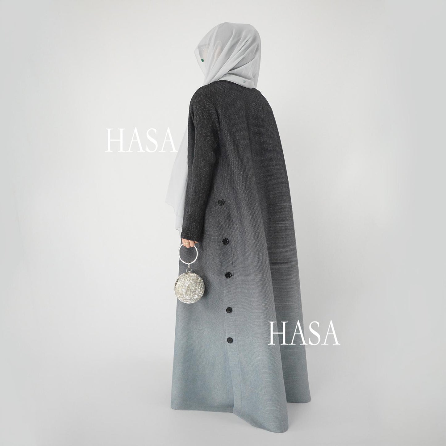 HASASERIES HS6159 Ombré Pleated Abaya with Lapel Collar & Button Closure