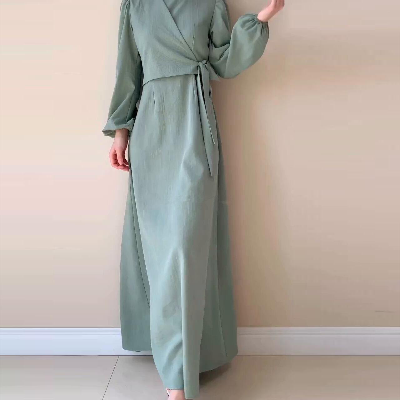 HASASERIES HS0759 Temperament Long Sleeve Fake Two-piece Lace-up Dress Long Skirt