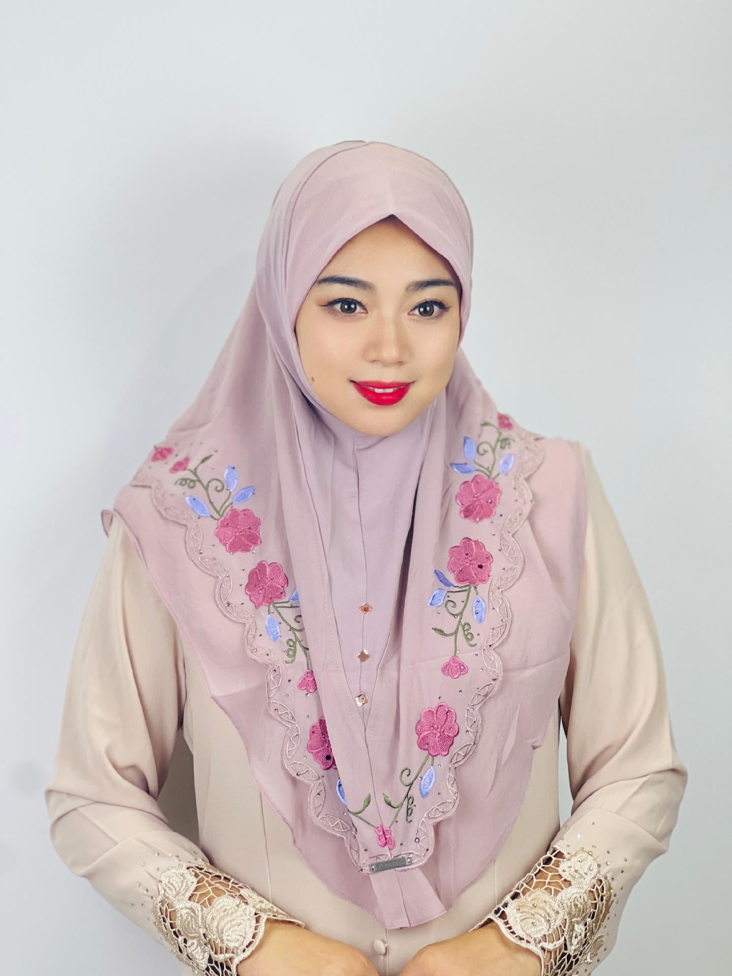 HASASERIES HS1105 Double Layered Floral Embroidered Lace Headscarf for Women