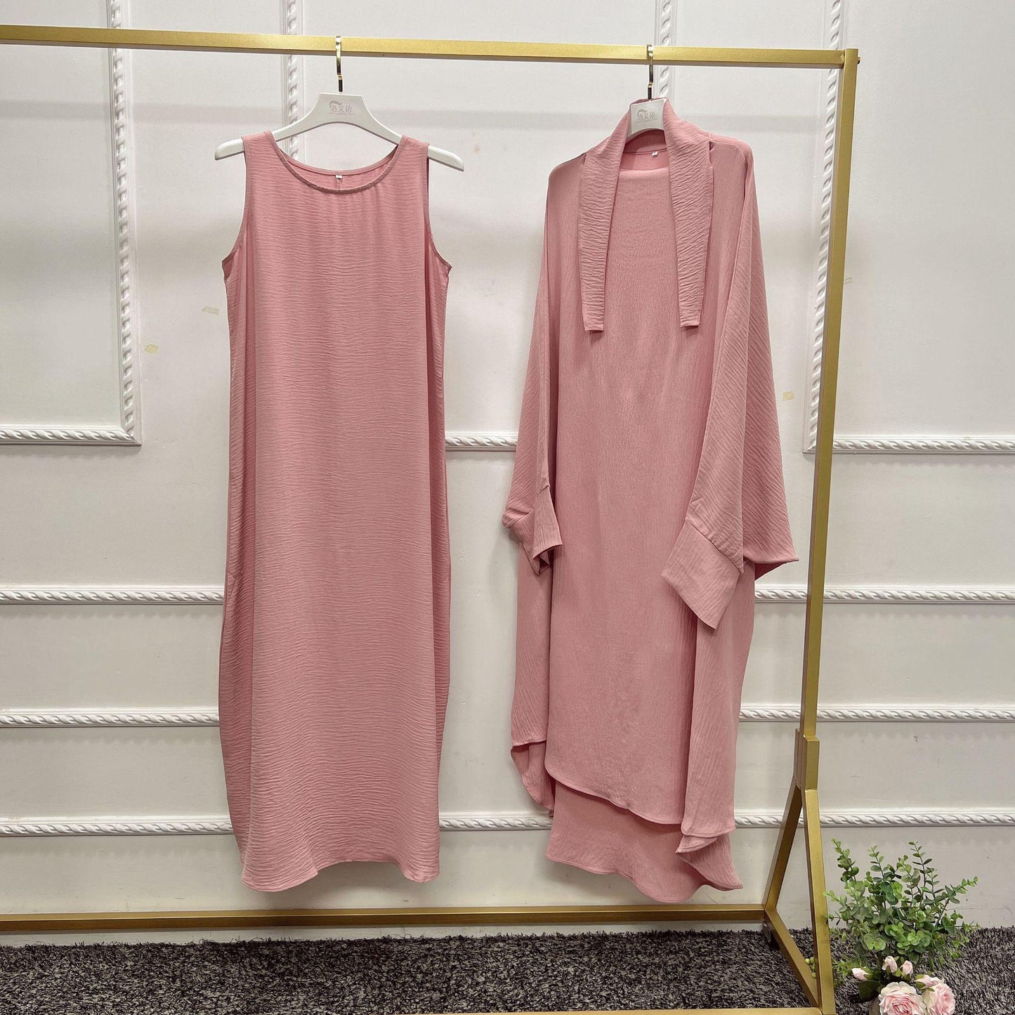 HS0464 2 PCS SET Middle Eastern Solid Color Robe Set Dress