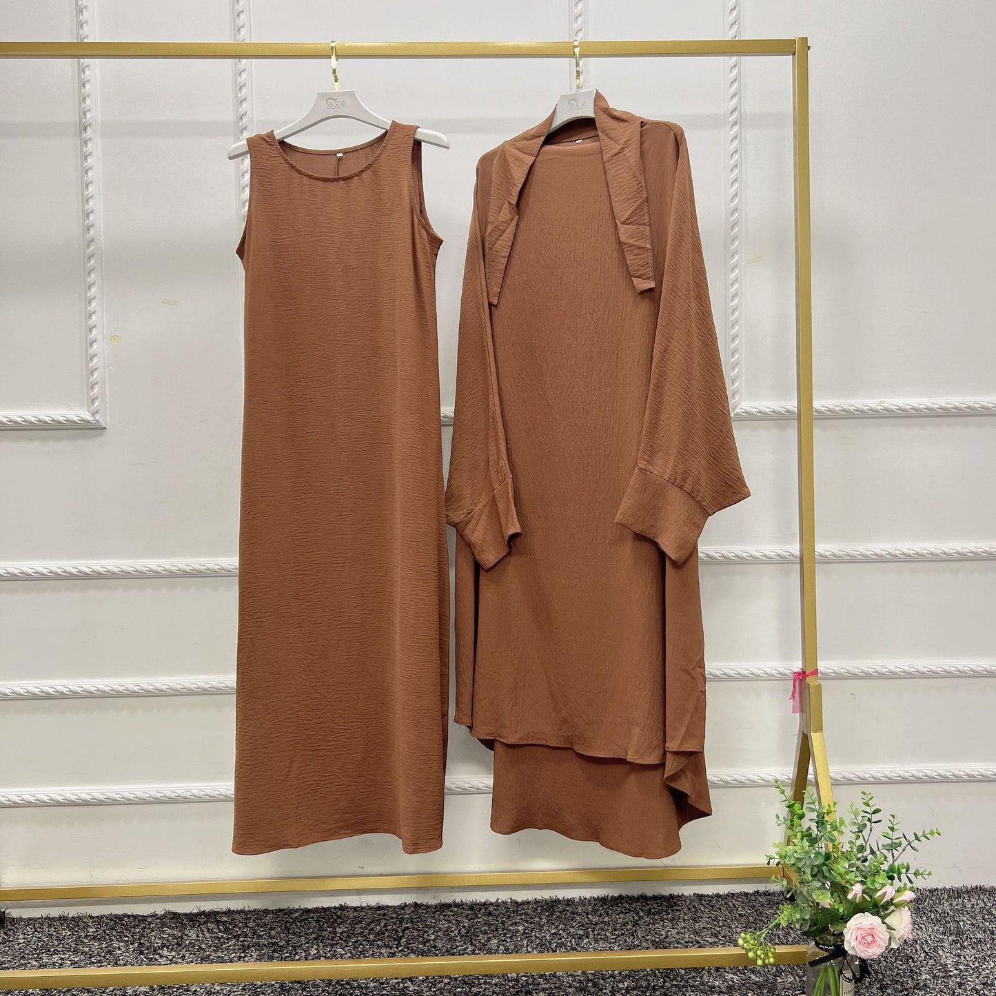 HS0464 2 PCS SET Middle Eastern Solid Color Robe Set Dress