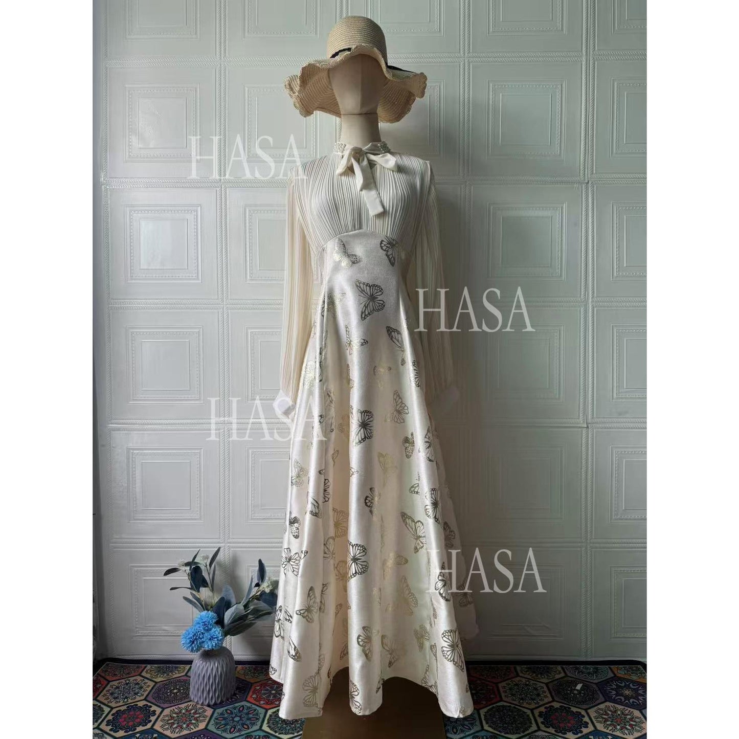 HS6734 Flowy Feminine Maxi Dress with Embroidered Butterfly Design