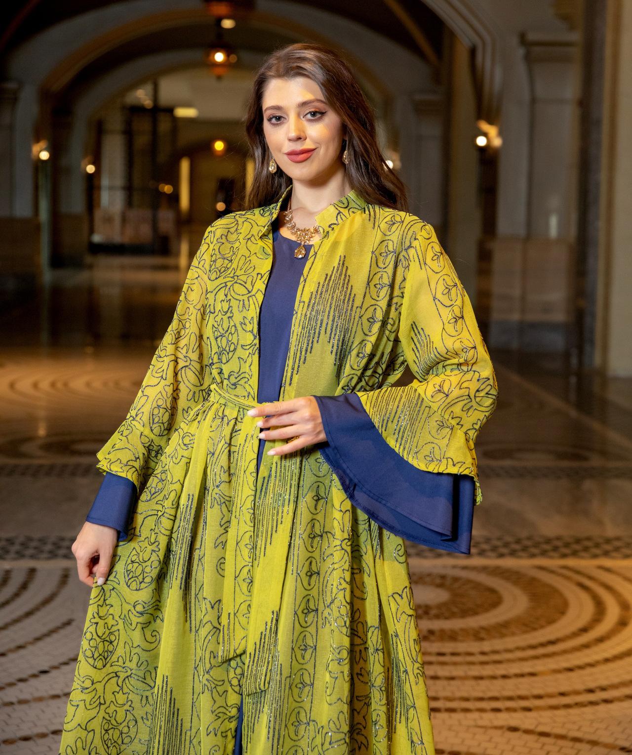 HS0445 2 pièces costume moyen-orient robe de soirée transfrontalière dame musulmane manches en feuille de lotus nouvelle robe abaya robe