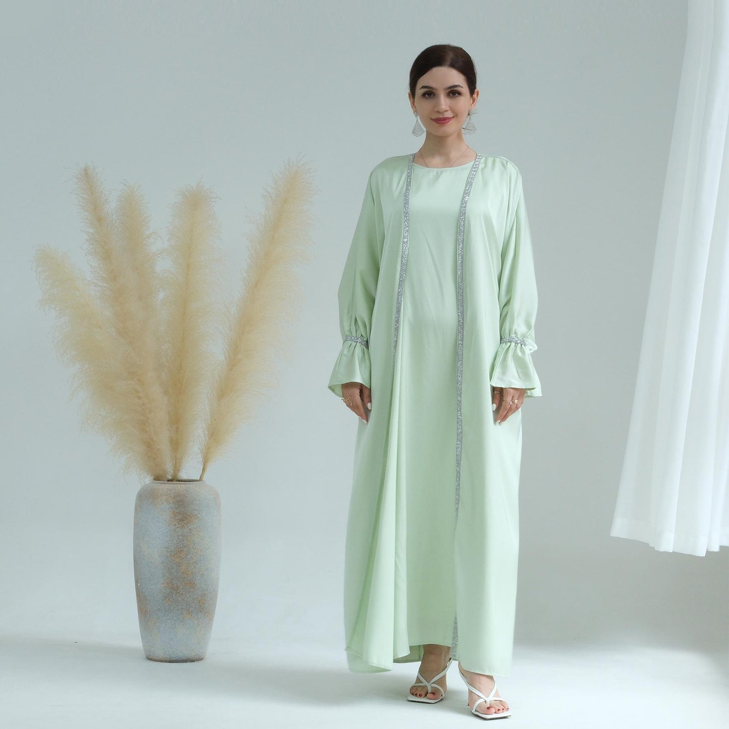 HASASERIES HS0567 Beaded Trumpet Sleeve Robe and Sleeveless Skirt with Inside Two-piece Suit